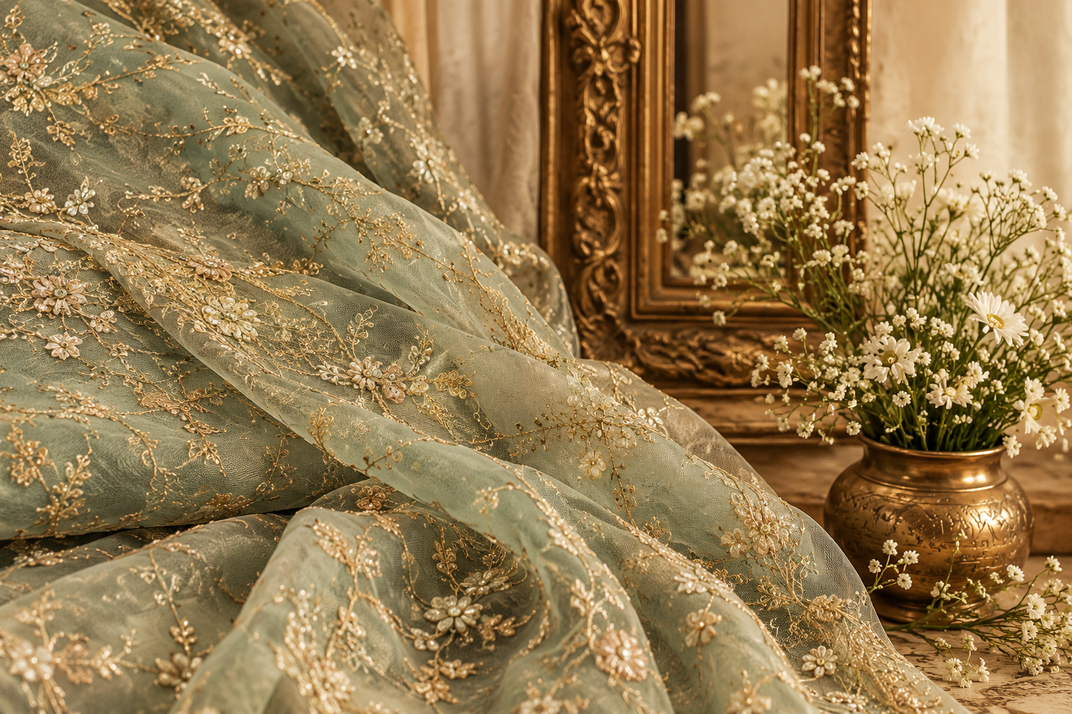 Sage organza fabric with delicate golden embroidery